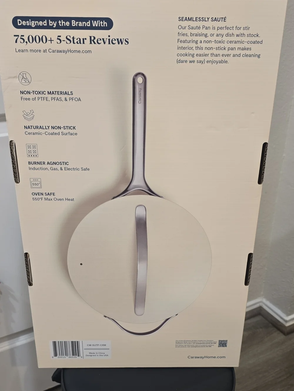 Caraway 4.5QT Nonstick Ceramic Saute Pan w/Lid- Cream
